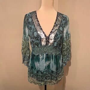Hale Bob Teal & Silver Silk Embellished Patterned Blouse, smocked waist, size M